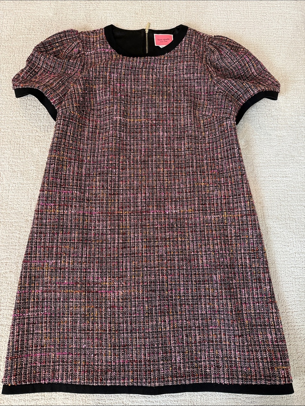 kate spade Pink Multi Tweed Short Sleeve Shift Dress with Black Trim